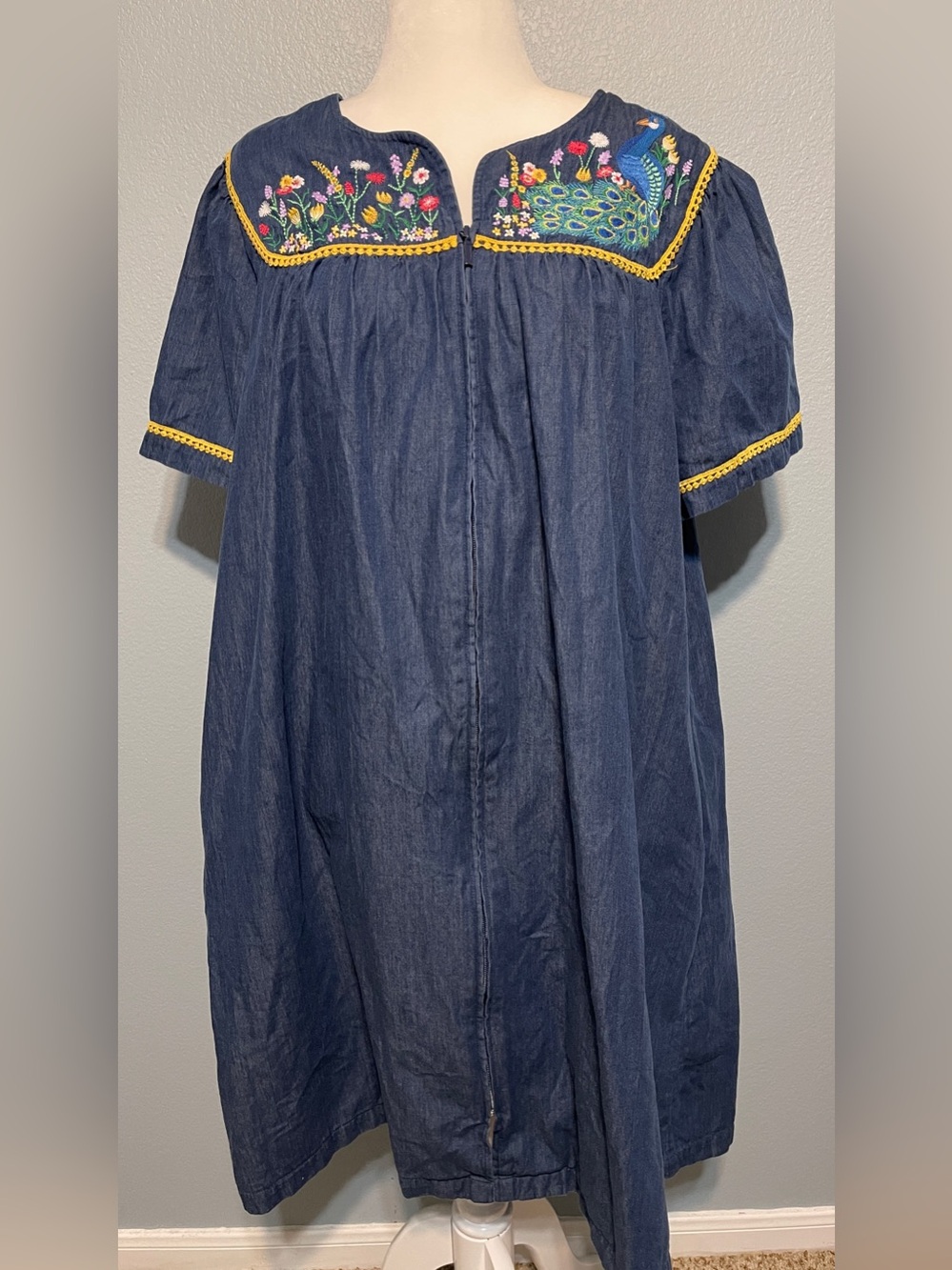 Go Softly Blue Chambray Embroidered Patio Dress Peacock Floral Prairie Boho XL